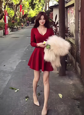 新年红！秋冬晚宴礼服红色针织连衣裙女性感气质蓬蓬a字收腰短裙