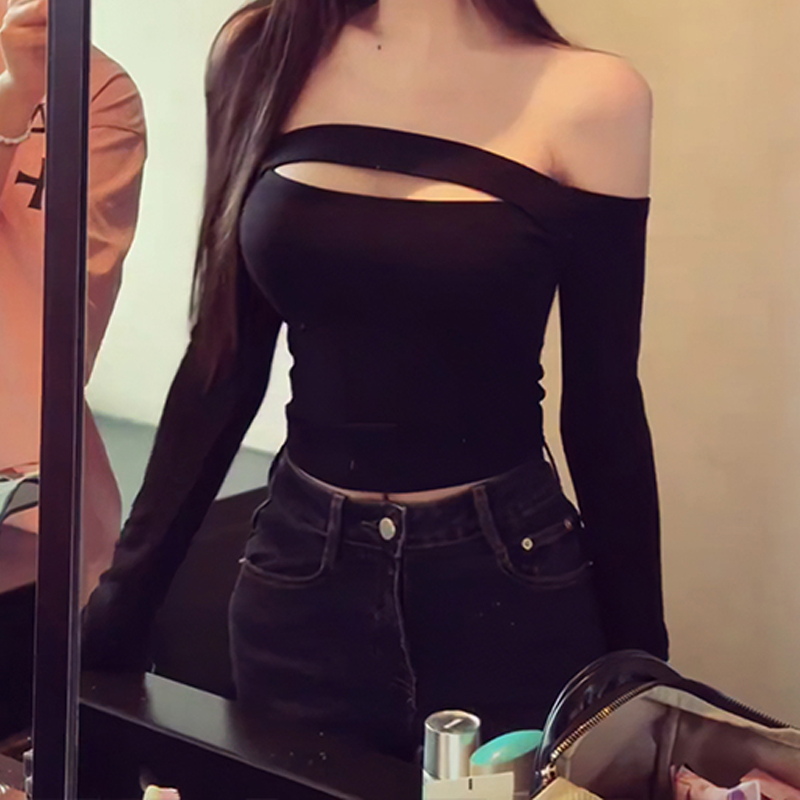 性感镂空漏肩长袖T恤上衣打底衫