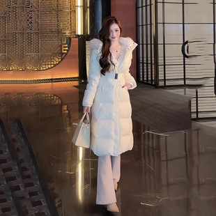 现货！白色收腰大毛领连帽韩系棉袄大衣时尚加厚保暖长款棉服外套