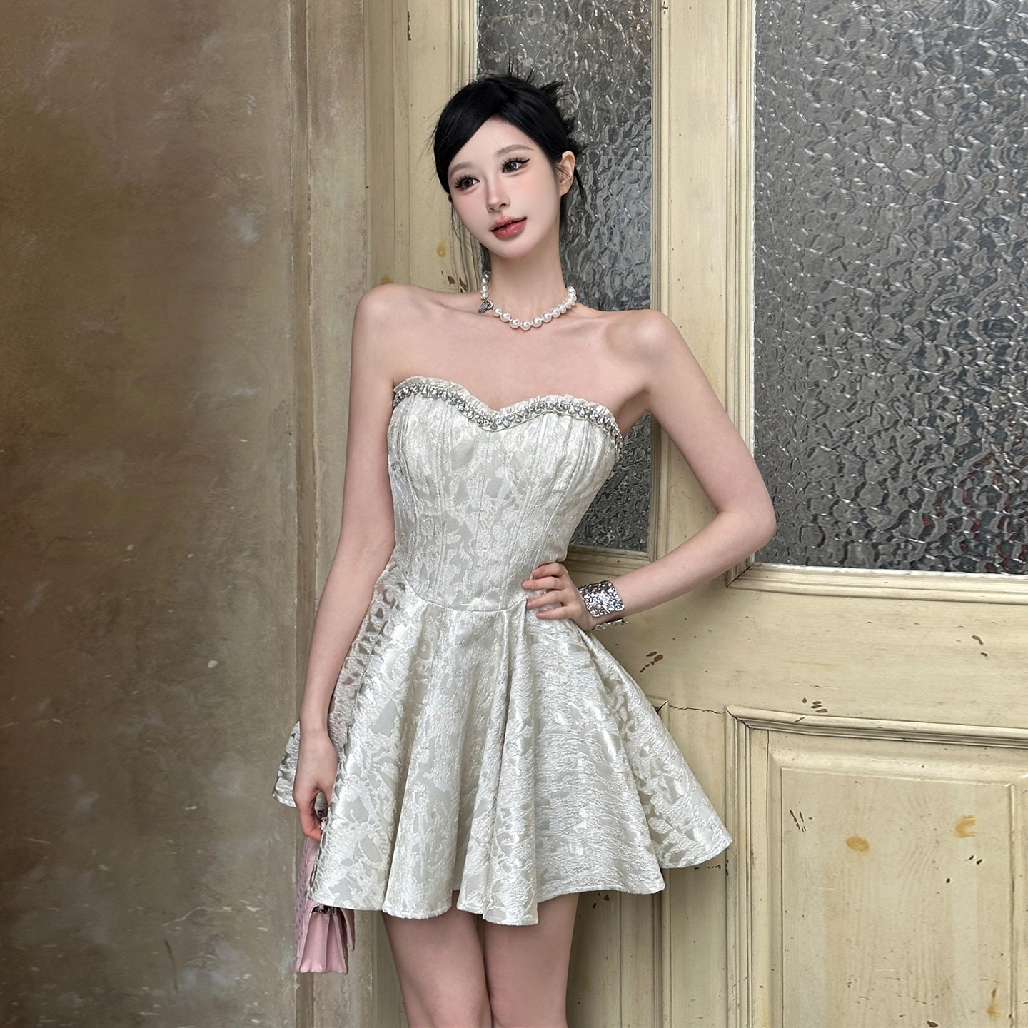 现货！小个子重工钉钻抹胸鱼骨礼服裙收腰显瘦气质短裙生日聚会裙