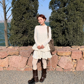 半高领复古木耳边针织长袖 春秋套装 波点精灵 T恤A字半身裙