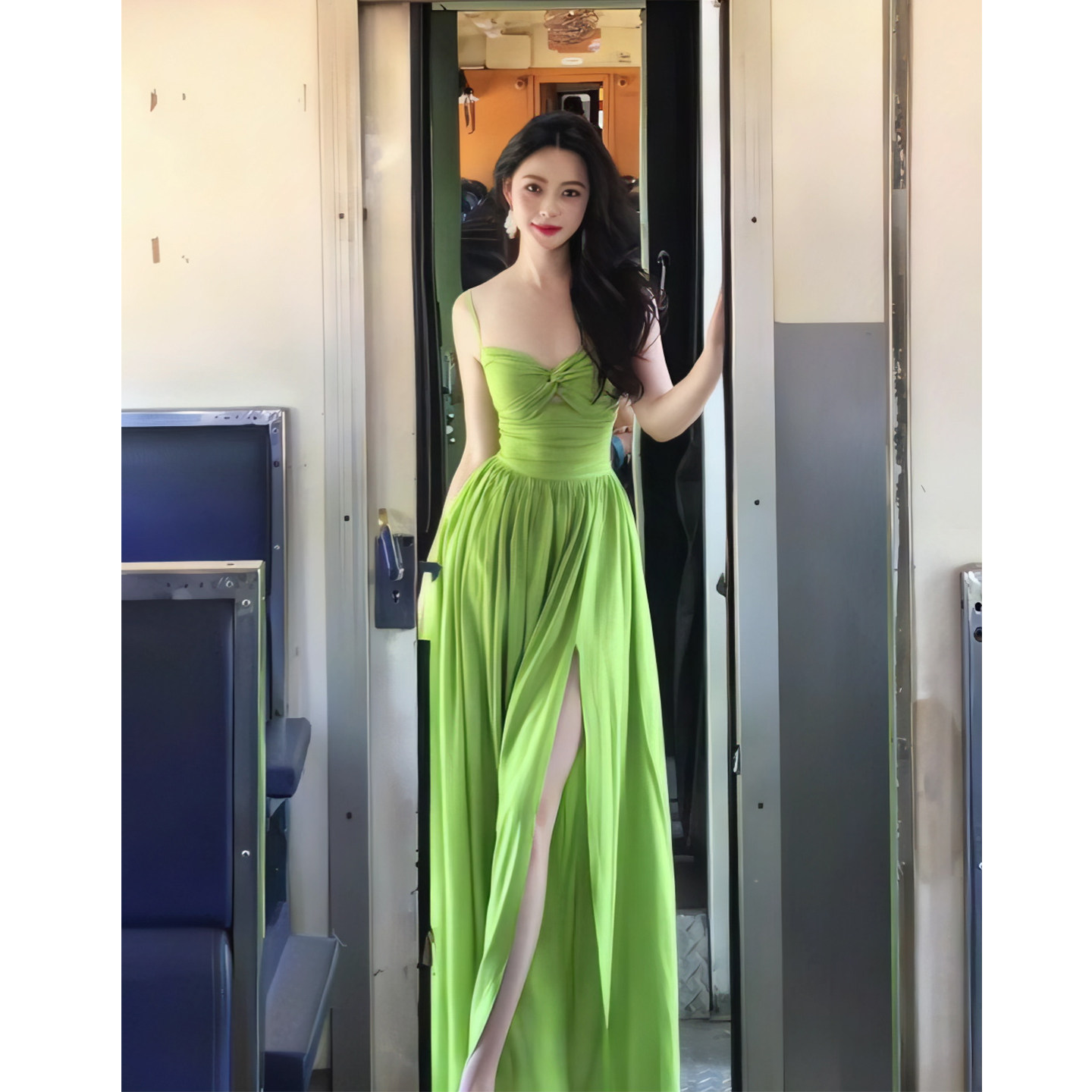 现货！度假风岛屿穿搭性感吊带V领收腰显瘦大长裙飘逸纱裙连衣裙