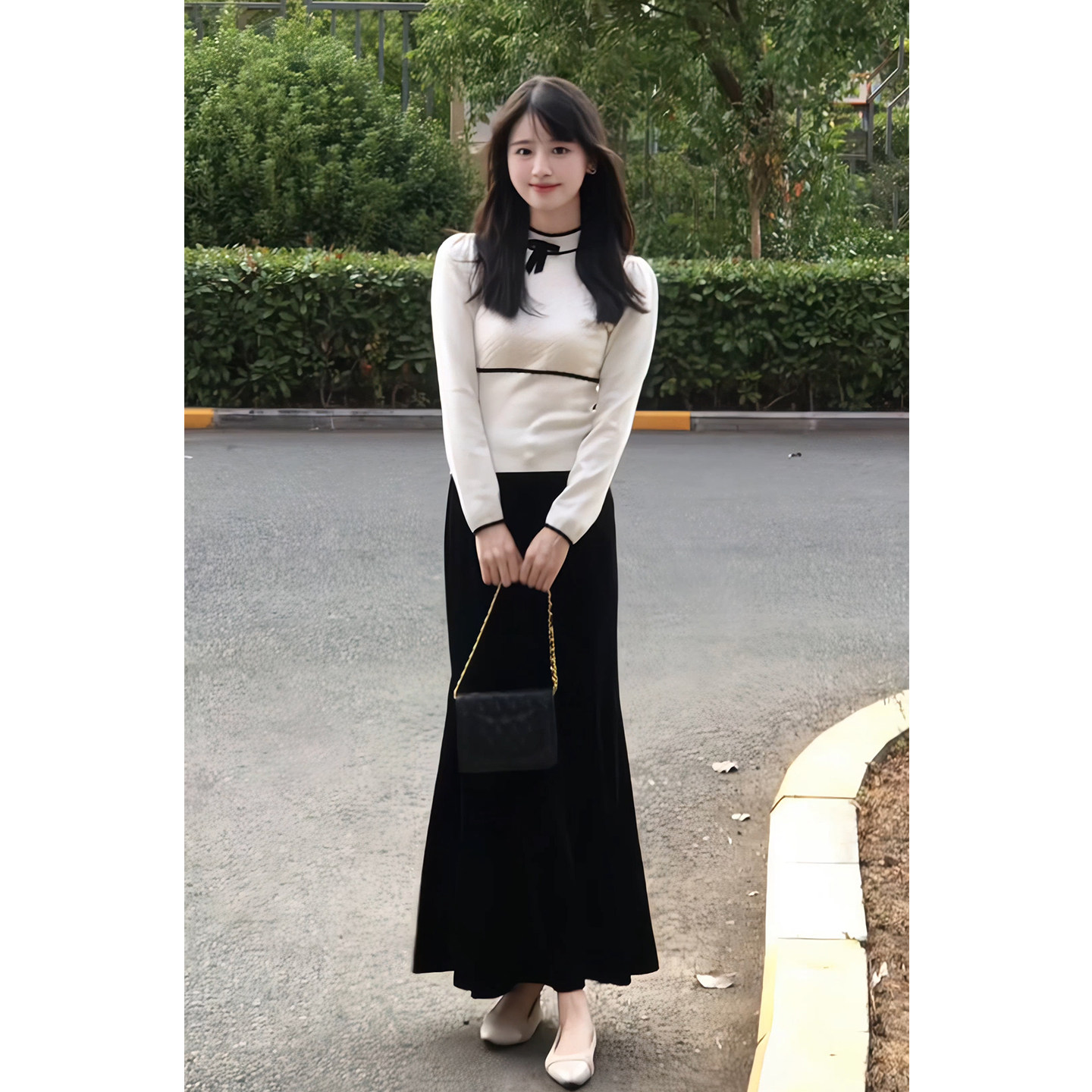安然叙写日常~秋季2026上新韩系蝴蝶结针织上衣丝绒半身裙套装女