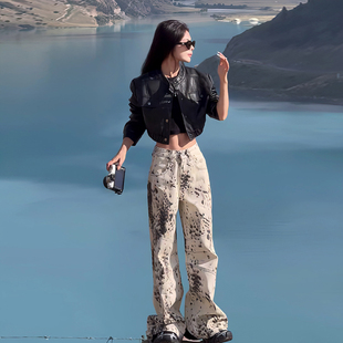 复古风短款皮衣外套女长袖PU皮+高腰阔腿裤牛仔黑点休闲时尚百搭