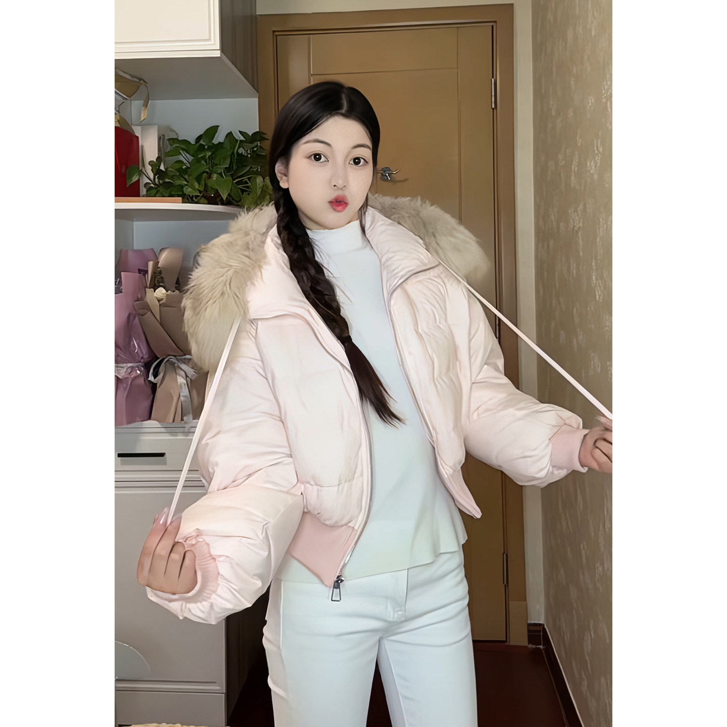 已出货！90白鸭绒毛毛领保暖短款羽绒服女款冬季粉色外套短款舒适