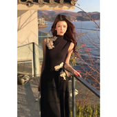 立领无袖 新中式 蕾丝刺绣针织连衣裙垂感高腰A字长裙 上新 夏季