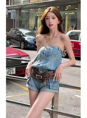 港风复古小众设计感蓝色抹胸连体裤千禧辣妹百搭卷边显瘦短裤绝美