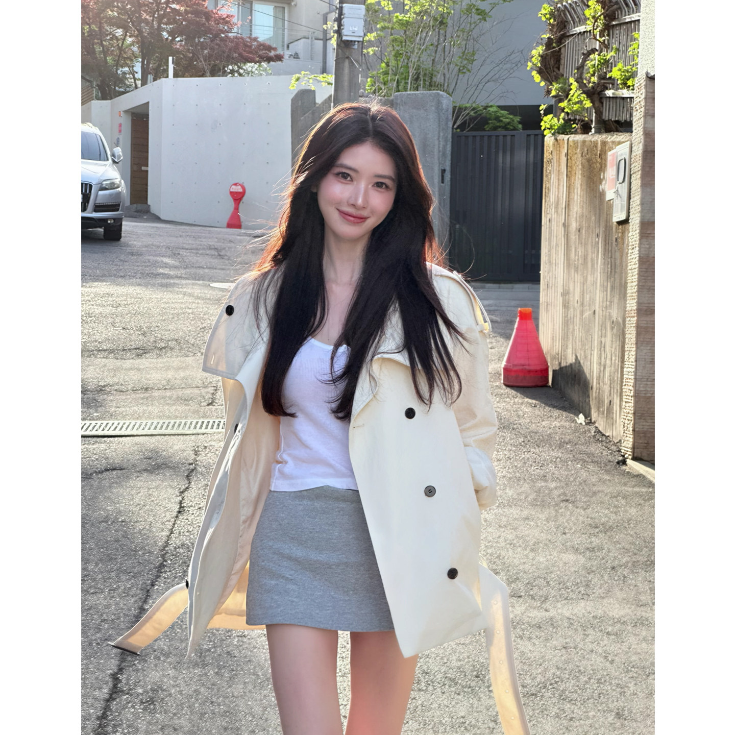 韩版中长双排扣风衣女小个子显瘦图片