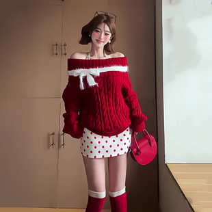 现货！浪漫逃亡圣诞结一字肩蝴蝶结慵懒显白红色毛衣女新年氛围感