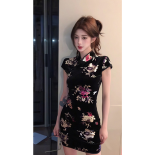 夏季上新！【花样年华】鎏金黑丝绒印花修身新中式旗袍礼服连衣裙