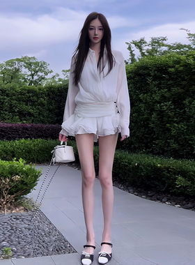 白月光法式高级感荷叶边白色衬衫连衣裙设计感短款小个子衬衣裙