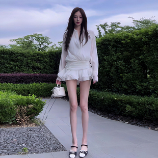 小个子衬衣裙 连衣裙设计感短款 白月光法式 高级感荷叶边白色衬衫