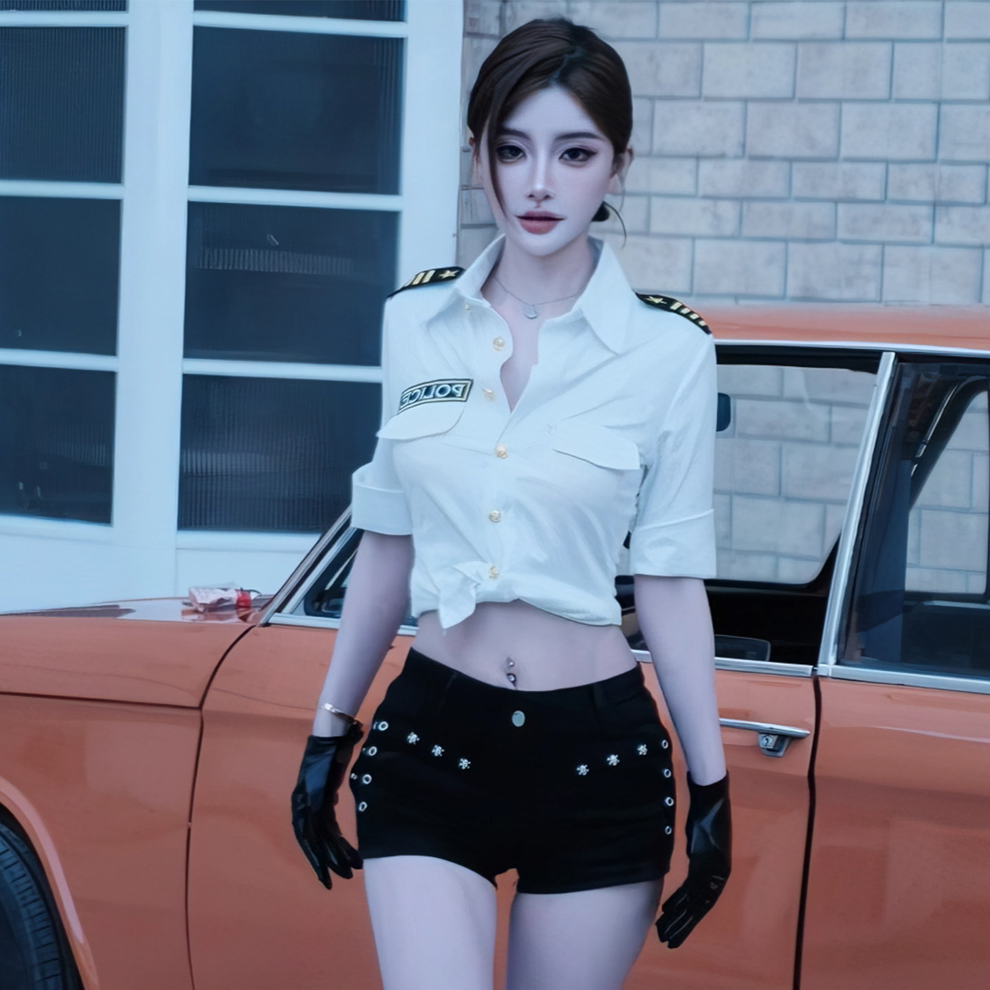 现货！性感制服女警角色扮演白色半袖衬衫+牛仔黑色超短裤两件套