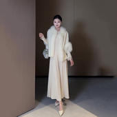 秋冬轻奢温柔风米白色连衣裙女长款 长袖 针织名媛气质显瘦蕾丝拼接