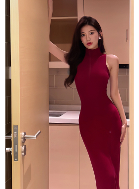 有货春夏复古高领无袖针织辣妹连衣裙修身收腰内搭红色礼服包臀裙