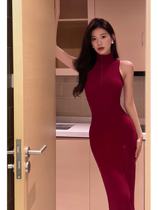 有货春夏复古高领无袖针织辣妹连衣裙修身收腰内搭红色礼服包臀裙