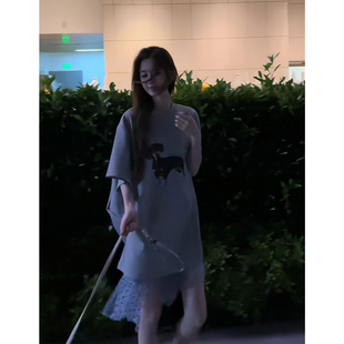 现货！灰衫纱语~小狗印花短袖宽松圆领T恤波点网纱半身裙不规则款