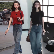休闲时尚运动服套装女2025春夏新款洋气减龄短袖t恤牛仔裤两件套