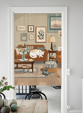 莫兰迪小清新猫狗治愈系棉麻布艺免打孔免钉玄关隔断帘门帘挂帘子