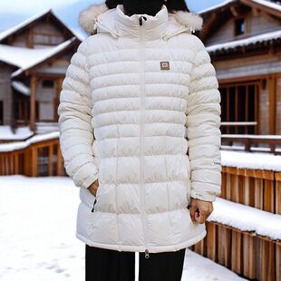 韩国白色连帽中长款羽绒服女保暖收腰排骨羽绒服防风防水滑雪外套