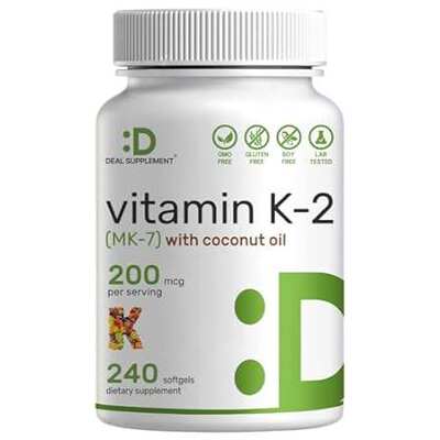 Vitamin K2 (MK-7) 200mcg， 240 Virgin Coconut Oil Softgels