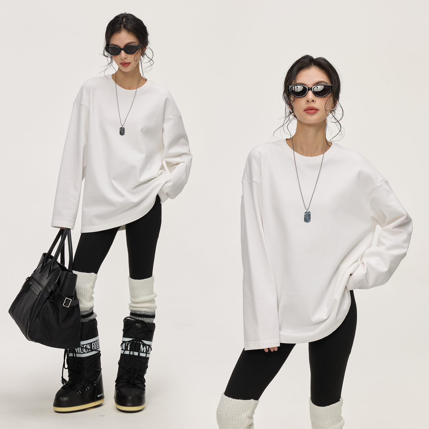 宽松纯色圆领长袖T内搭打底衫