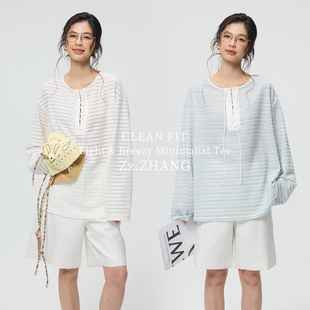女春 ZzZHANG轻量日常_条纹镂空绑带门襟设计感T恤上衣打底罩衫