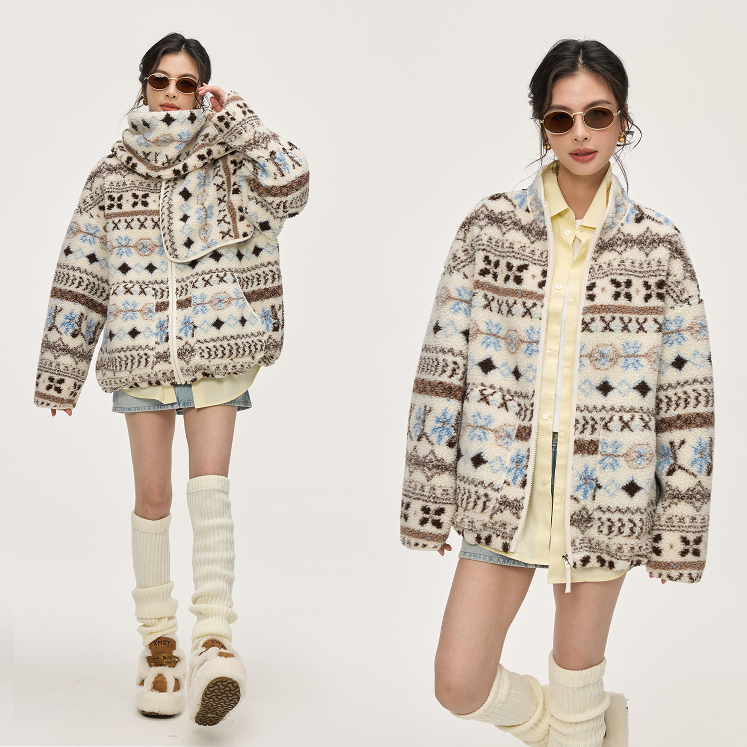 费尔岛羊羔绒围巾外套/毛领马甲