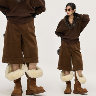 ZzZHANG｜Vtg造型感_复古时髦老钱肌理感灯芯绒双褶宽松五分中裤