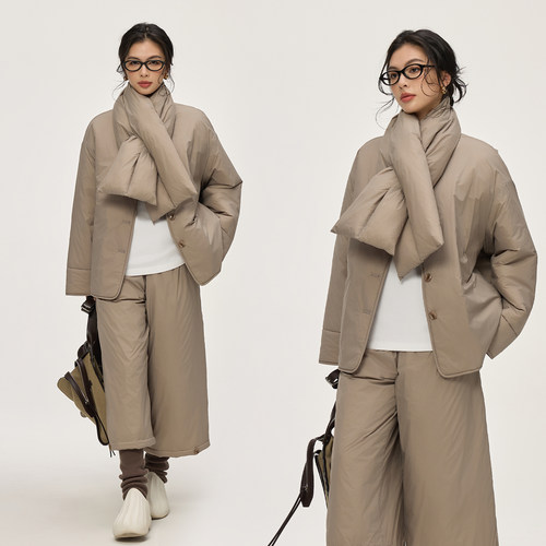 蓬松夹棉围巾外套裤子棉服套装