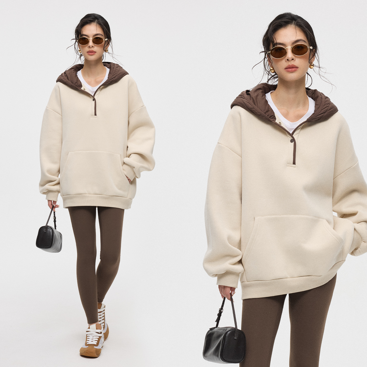 冬季羽绒棉帽子拼接宽松长袖卫衣