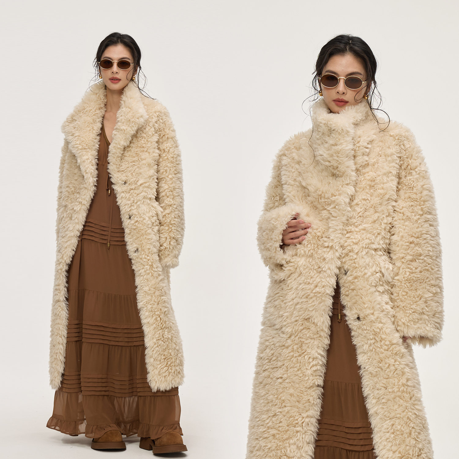 时髦蓬松毛毛环保皮草冬季长外套