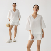 ZzZHANG｜夏日度假_云朵波浪边亚麻法式 套装 浪漫休闲短袖 短裤