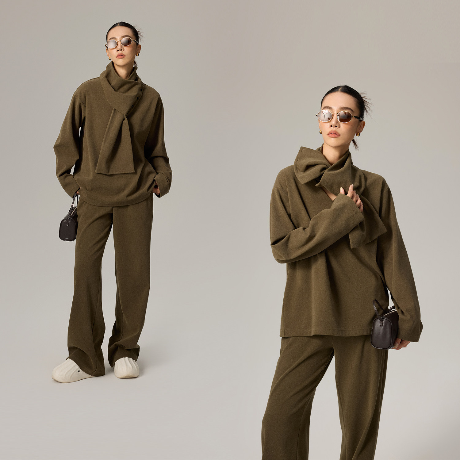 慵懒风围巾+老钱卫衣+阔腿裤套装