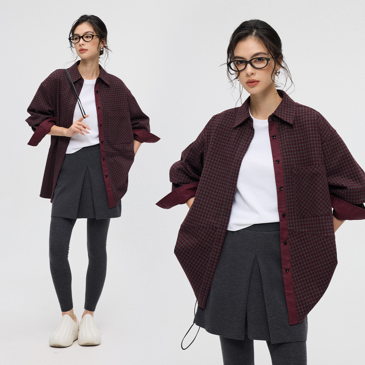 撞色格子衬衫休闲长袖外套女秋冬