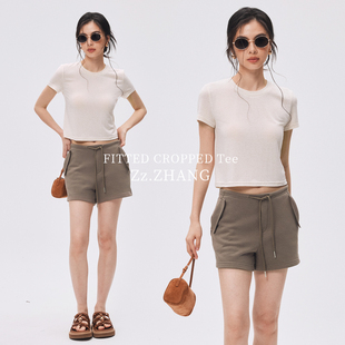 ZzZHANG轻量日常_莱赛尔亚麻花纱色亲肤修身 T恤 正肩显身材短袖