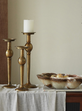 欧式复古黄铜烛台玉石果盘摆件