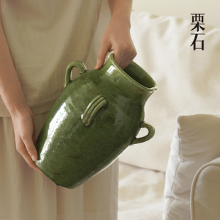 栗石复古中式绿色陶瓷花瓶冰裂纹花器家居高级感艺术桌面插花摆件