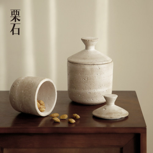 侘寂风水泥仿洞石储物罐摆件