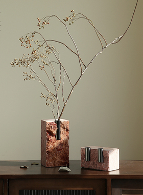 栗石《绝壁逢春》天然红洞石花插装饰摆件烛台侘寂风玄关艺术花器