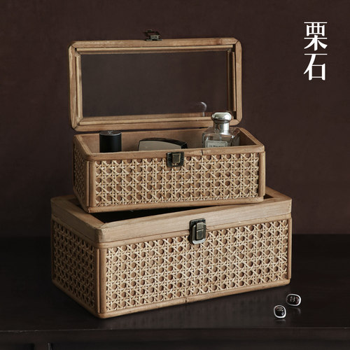 复古藤编桌面化妆品收纳盒摆件