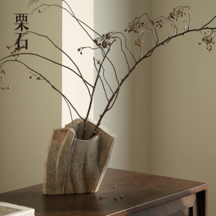 栗石侘寂风刻纹做旧艺术花器摆件样板间民宿客厅餐桌面创意小花瓶