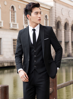 【工厂直销】常年有货男纯色一粒扣韩版西服三套装工作服礼服套装