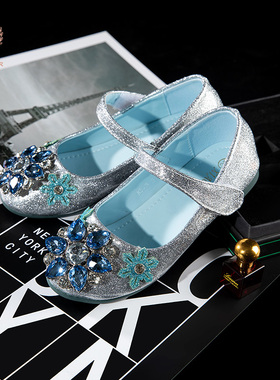 宝宝爱莎公主鞋女童elsa水晶鞋新款冰雪奇缘生日儿童蓝色演出鞋子