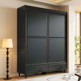 复古黑色实木衣柜现代简约实木家用卧室推拉门小户型两门成品衣柜