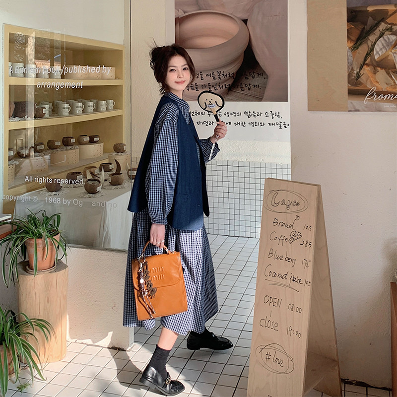 韩版设计感减龄格纹连衣裙女2025春季新款休闲牛仔马甲,女装连衣裙,2C005