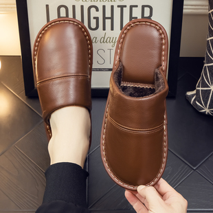 海宁真皮拖鞋居家室内男厚底防水防滑保暖家用牛皮面棉拖鞋冬季女