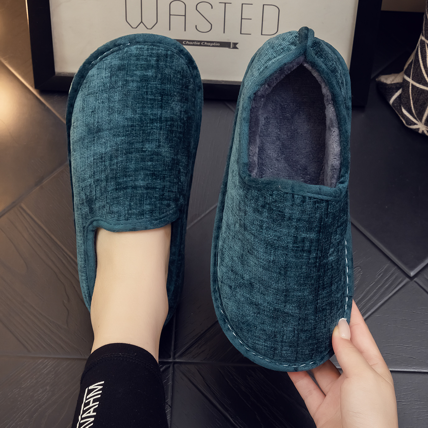 牛筋底包跟布艺居家用静音棉拖鞋秋冬季带绒保暖男女厚底防滑家居