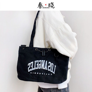 黑色字母帆布托特包女大容量单肩包通勤包托特布包 休闲潮流百搭
