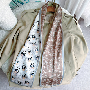 中式国风熊猫竹叶元素长条丝巾双层异面护颈飘带扎头发系腰间围巾